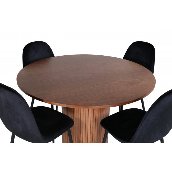 Bianca Spisesett rundt spisebord i valnøtt med 4 Polar sorte stoler Bianca Spisesett rundt spisebord i valnøtt med 4 Polar sorte stoler