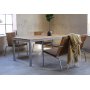 Matgruppe Alva: Spisebord med 2 Alva-stoler + 1 Alva-sofa - Teak/galvanisert stl