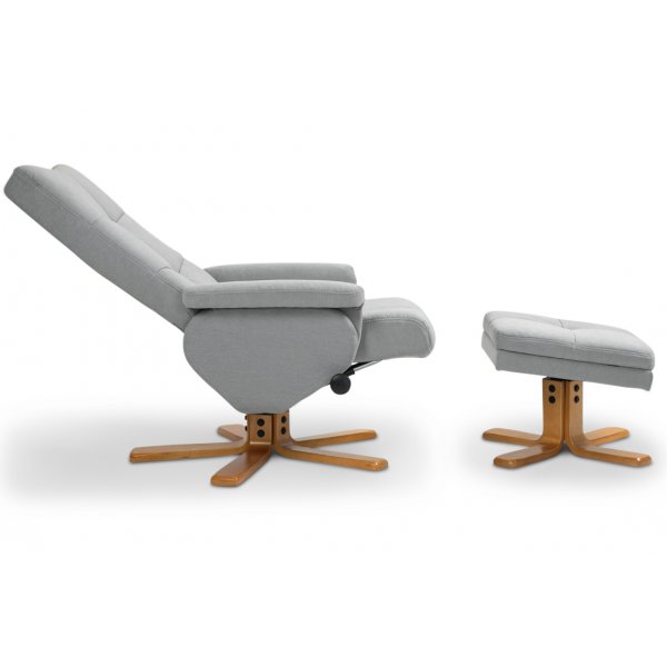 Duva justerbar lenestol inkl. fotskammel med oppbevaring - Grå stoff med treben Duva justerbar lenestol inkl. fotskammel med oppbevaring - Grå stoff med treben