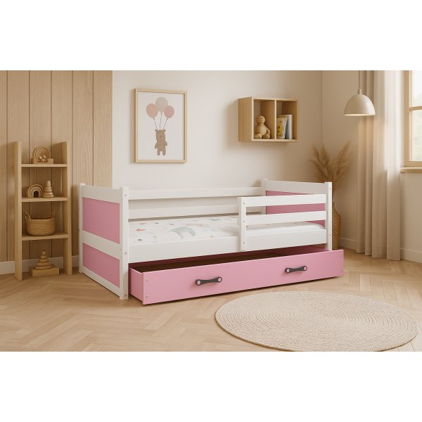 Juniorseng rhus med oppbevaringsskuff 90 cm - Hvit/Rosa