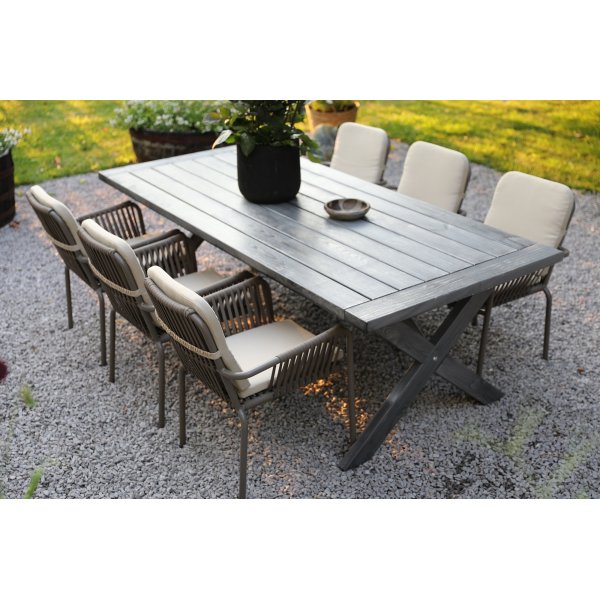 Oxford utendrs spisegruppe: grtt bord 220 cm, inkludert 6 stk. Lincoln stablebare karmstoler gr/beige