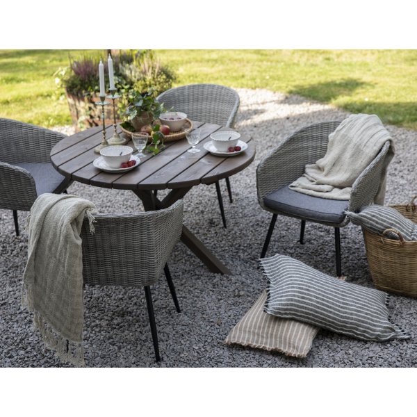 Utegruppe Aster: Scottsdale rundt brunt spisebord 112 cm inkludert 4 Aster lenestoler i gr syntetisk rotting