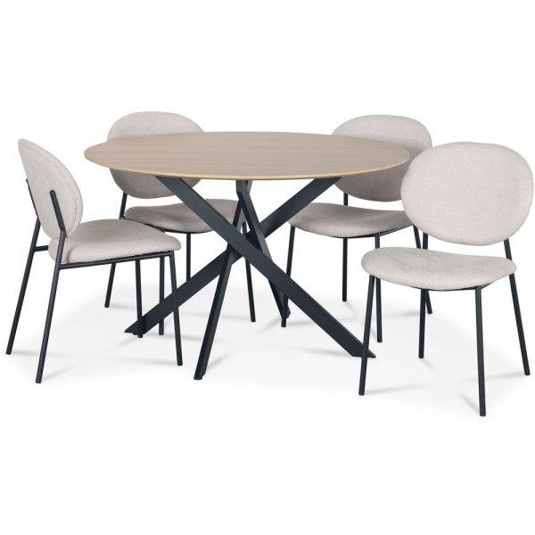 Hogrn spisegruppe 120 cm bord i lyst tre + 4 stk Tofta beige stoler