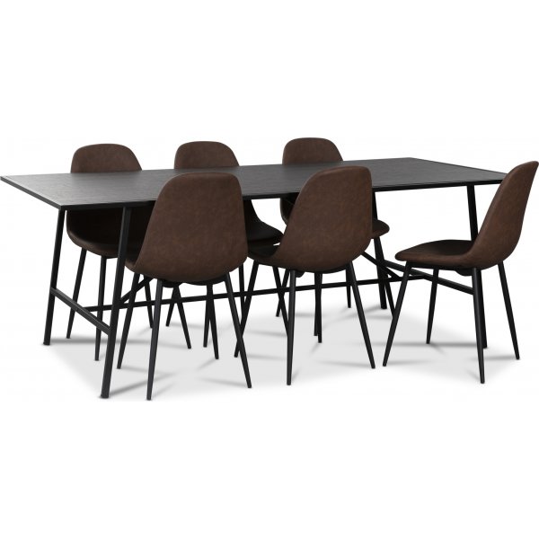 Toscana spisegruppe: 206 cm bord + 6 st Atlantic Empire stoler brun PU