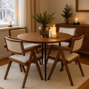 Dana spisebord Ø105 cm i valnøtt med 4 Sara lenestoler i valnøtt og lin Dana spisebord Ø105 cm i valnøtt med 4 Sara lenestoler i valnøtt og lin