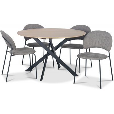 Hogrän spisegruppe Ø120 cm bord i lyst tre + 4 stk Hogrän grå stoler