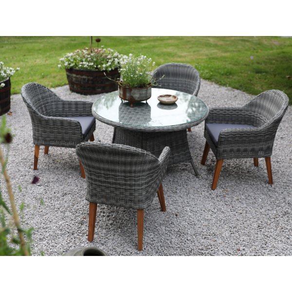 Jacksonville utend�rs spisegruppe; 110 cm rundt bord inkludert 4 stk. Valetta lenestoler i gr� kunstrotting.