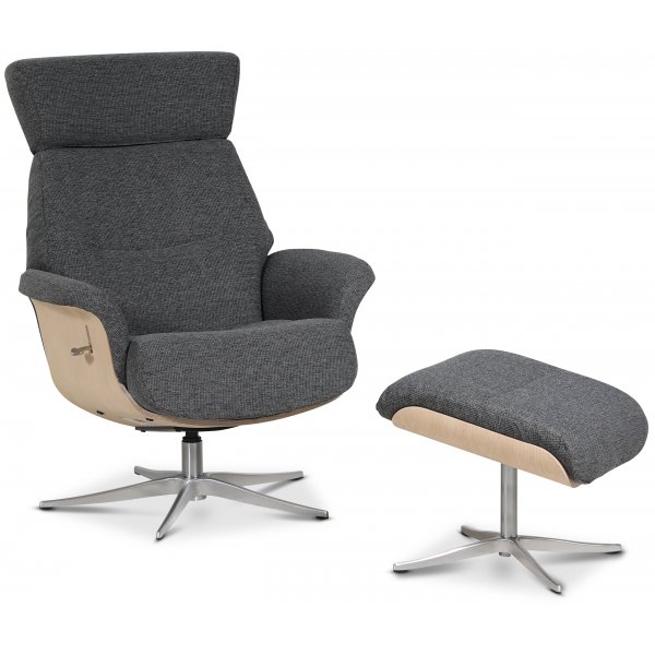 Marbck recliner- lenestol med fotskammel - Grtt tystoff / Tre