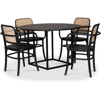 Sintorp spisegruppe, rundt spisebord 115 cm inkludert 4 stk. Nemis stoler i byd tre - svart marmor (laminat)
