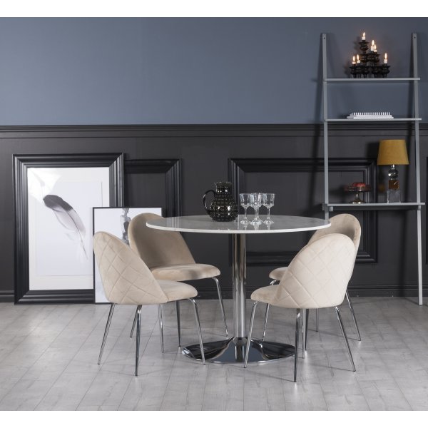 Plaza spisegruppe, marmorbord med 4 st Plaza flyelstoler - Beige/Hvit/Krom