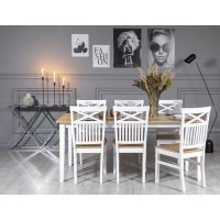 Fårö spisegruppe: Bord 180 cm inkludert 6 stk Fårö stoler med kryss - Eik/hvit Fårö spisegruppe: Bord 180 cm inkludert 6 stk Fårö stoler med kryss - Eik/hvit
