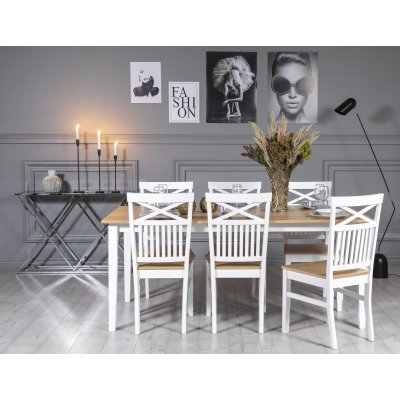 Fårö spisegruppe: Bord 180 cm inkludert 6 stk Fårö stoler med kryss - Eik/hvit