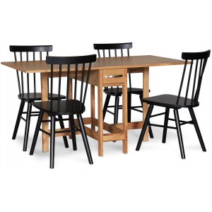 Fr spisegruppe; Fr klaffbord i eik med 4 svarte Orust pinnestoler