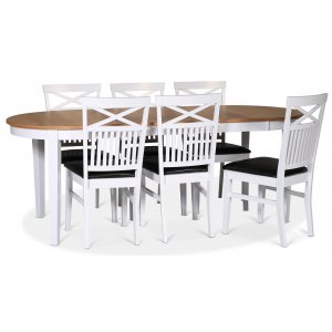 Fr spisegruppe; spisebord 160/210x90 cm - Hvit / oljet eik med 6 Fr stoler med kryss i ryggen, sete i svart PU