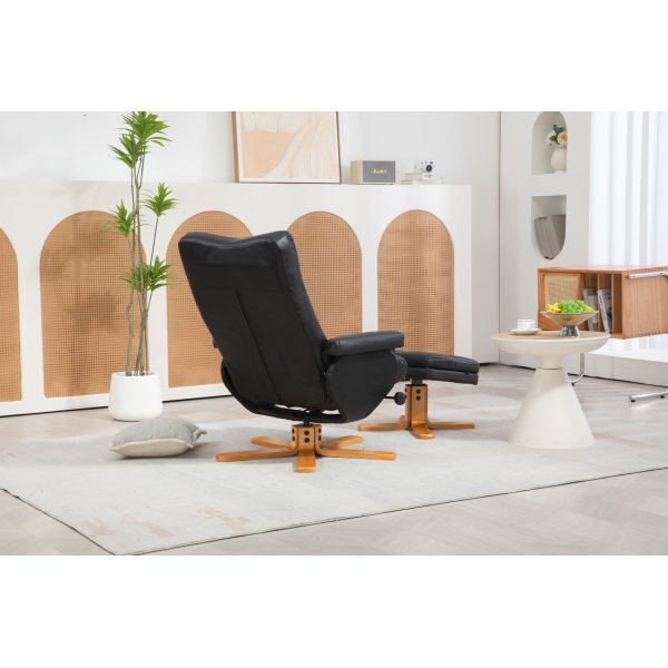 Duva hvilestol med fotskammel i sort PU med brune ben