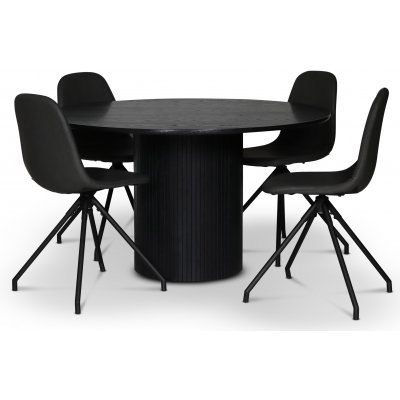 spisegruppe i Nordansjöen; rundt spisebord Ø130 cm, svartbeiset eik + 4 stk Bridge spisestoler svingbare, Svart PU