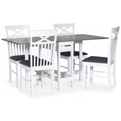 Fr spisegruppe; Fr klaffbord i hvit/gr med 4 Sofiero spisestoler