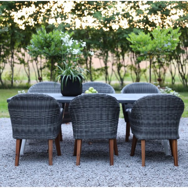 Oxford utend�rs spisegruppe: gr�tt/hvitt bord 220 cm, inkludert 6 stk. Valetta lenestoler i gr� kunstrotting