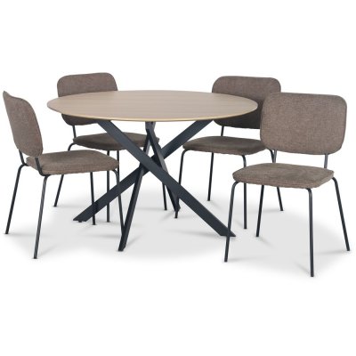 Hogrän spisegruppe Ø120 cm bord i lyst tre + 4 stk Lokrume brune stoler