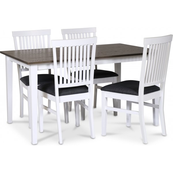 Skagen spisegruppe; klassisk spisebord 140x90 cm - Hvit / brunoljet eik med 4 Fr stoler (Ribber i ryggen) med grtt stoffsete + 3.00 x Mbelftter