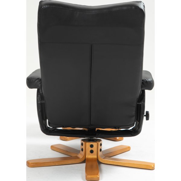 Duva hvilestol med fotskammel i sort PU med brune ben