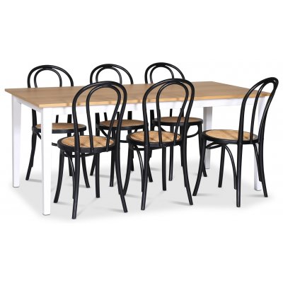 Fårö spisegruppe; spisebord 180x90 cm - Hvit / oljet eik med 6 stk Danderyd No.18 stoler Svart