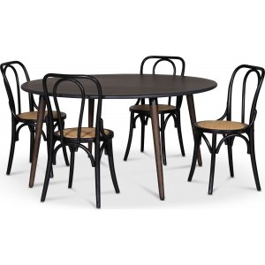 Omni spisegruppe, rundt spisebord Ø130 cm inkludert 4 stk. svarte Tony stoler i bøyd tre - Røykfarget eik Omni spisegruppe, rundt spisebord Ø130 cm inkludert 4 stk. svarte Tony stoler i bøyd tre - Røykfarget eik