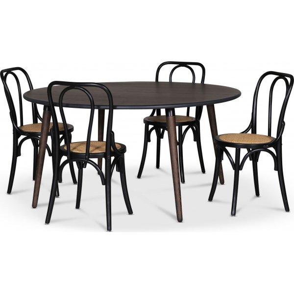 Omni spisegruppe, rundt spisebord 130 cm inkludert 4 stk. svarte Tony stoler i byd tre - Rykfarget eik