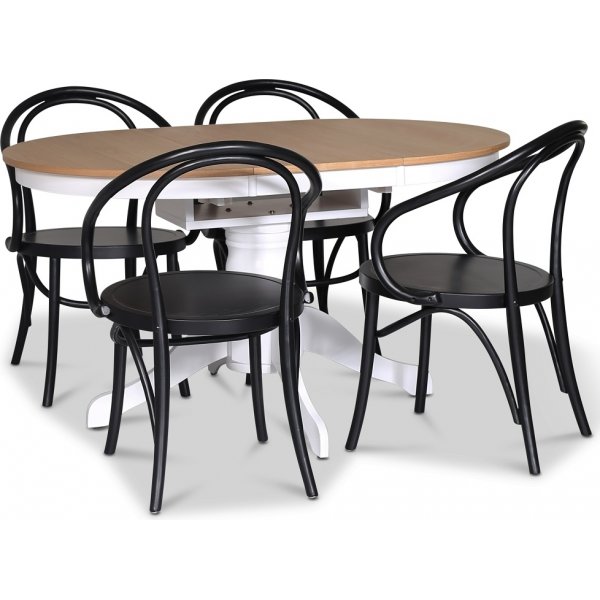 Fitchburg spisegruppe; Ovalt spisebord 106-141 cm - Hvit / Oljet eik med 4 stk Danderyd No.30 lenestoler Svart