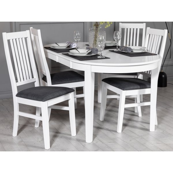 Gåsö spisegruppe: Bord 160/210 cm inkludert 4 Gåsö stoler - Hvit/Grå Gåsö spisegruppe: Bord 160/210 cm inkludert 4 Gåsö stoler - Hvit/Grå