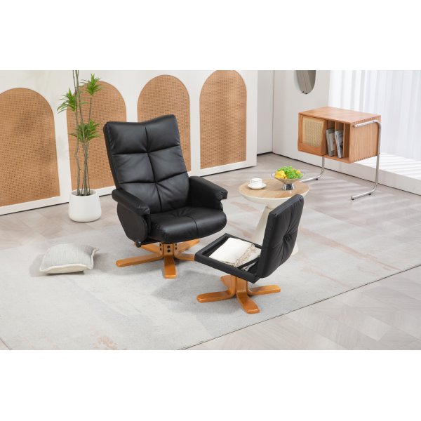 Duva hvilestol med fotskammel i sort PU med brune ben
