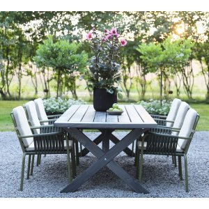 Oxford utendørs spisegruppe: grått bord 220 cm, inkludert 6 stk. Lincoln stablebare karmstoler grønn/beige Oxford utendørs spisegruppe: grått bord 220 cm, inkludert 6 stk. Lincoln stablebare karmstoler grønn/beige