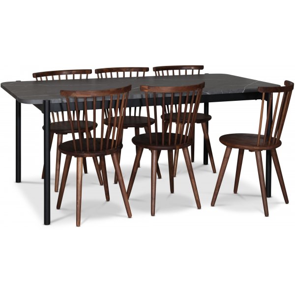 Wayne spisegruppe 180x90 cm inkl. 6 stk. Castor valntt pinnestoler - Gr marmorfoliering
