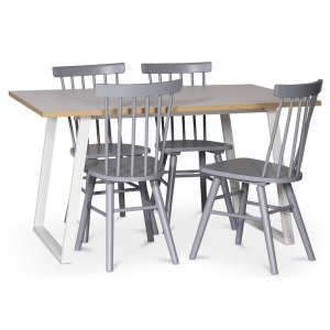 Edge spisegruppe; Spisebord i hvit HPL 140x90 cm med 4 grå Orust stokkstoler