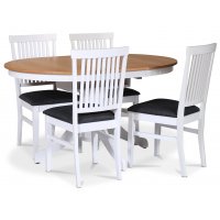 Fitchburg spisegruppe; rundt spisebord 106 /141 cm - Hvit / oljet eik med 4 stk Fårö stoler med sete i grått stoff