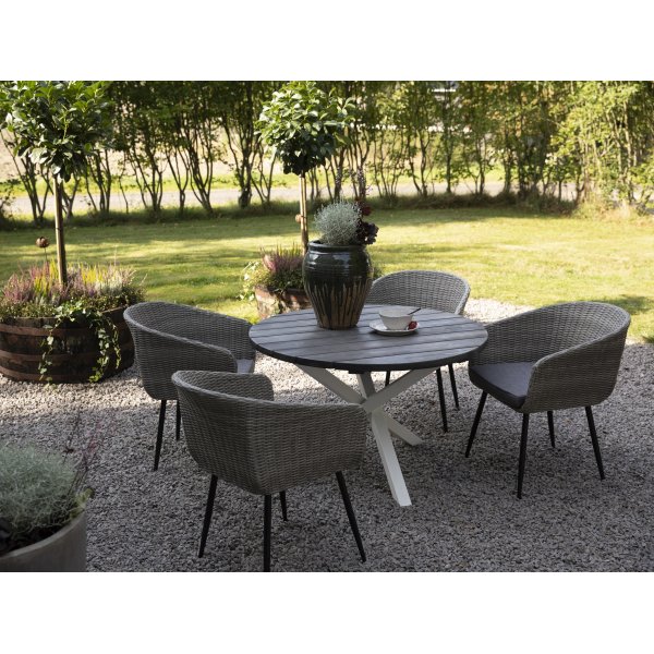 Utegruppe Aster: Scottsdale rundt gr/hvitt spisebord 112 cm inkludert 4 Aster lenestoler i gr syntetisk rotting