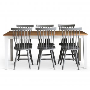 Dalsland spisegruppe: Spisebord i Eik/Hvit med 6 gr stokkstoler