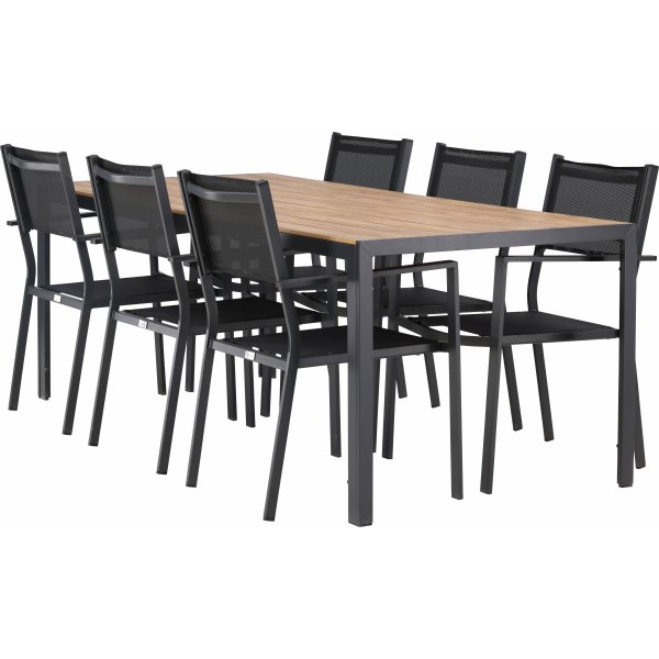 Matvaregruppen i Chania; 6 stoler med bord 205 x 90 cm - Svart/natur Matvaregruppen i Chania; 6 stoler med bord 205 x 90 cm - Svart/natur