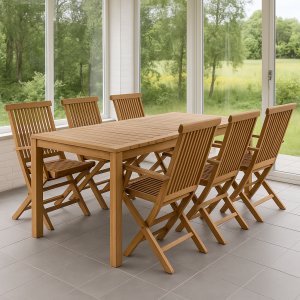 Utegruppe: 6 stoler og spisebord 210 x 90 cm teak - Saltö Utegruppe: 6 stoler og spisebord 210 x 90 cm teak - Saltö
