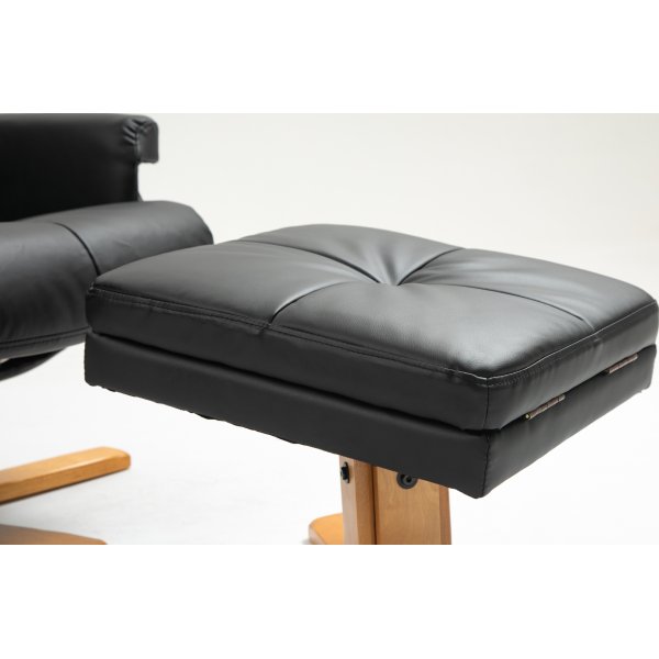 Duva hvilestol med fotskammel i sort PU med brune ben