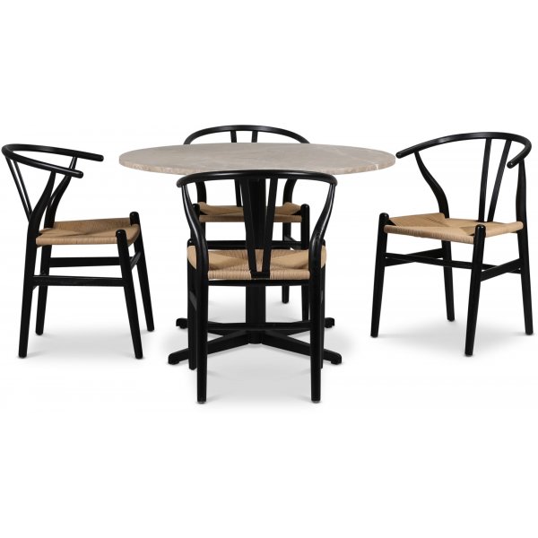 SOHO spisegruppe 105 cm inkl. 4 stk. Brandon karmstoler - Matt svart kryssfot / Beige Empradore
