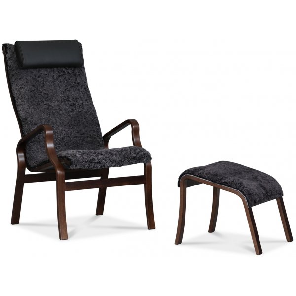 Lammet / Fashion fotskammel i saueskinn scandinavian dark grey - Mørk valnøtt Lammet / Fashion fotskammel i saueskinn scandinavian dark grey - Mørk valnøtt