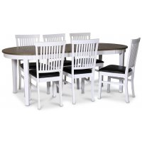 Skagen spisegruppe; spisebord 160/210x90 cm - Hvit / brunoljet eik med 6 stk Fårö stoler med svart PU-sete Skagen spisegruppe; spisebord 160/210x90 cm - Hvit / brunoljet eik med 6 stk Fårö stoler med svart PU-sete