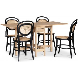 Fr spisegruppe; Fr klaffbord i whitewash med 4 Alice-stoler i byetre