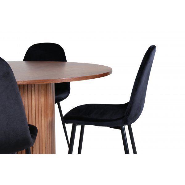 Bianca Spisesett rundt spisebord i valnøtt med 4 Polar sorte stoler Bianca Spisesett rundt spisebord i valnøtt med 4 Polar sorte stoler