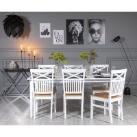 Gåsö spisegruppe: Bord 180 cm inkludert 6 Fårö stoler med kryss - Hvit/Eik Gåsö spisegruppe: Bord 180 cm inkludert 6 Fårö stoler med kryss - Hvit/Eik