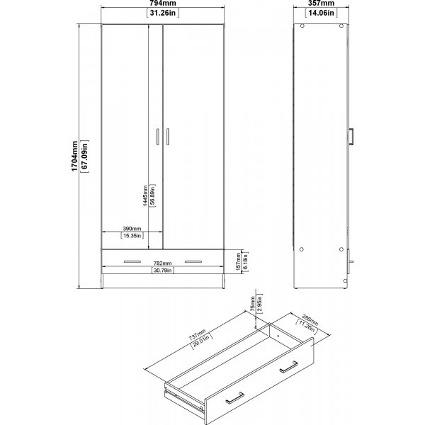 Garderobe hvit 80 cm bred og 170,5 cm hy