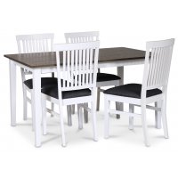 Skagen spisegruppe; klassisk spisebord 140x90 cm - Hvit / brunoljet eik med 4 Fårö stoler (Ribber i ryggen) med grått stoffsete