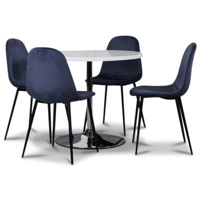 Tiana spisegruppe, rundt spisebord med 4 stk Carisma fløyelsstoler - Hvit/Blå