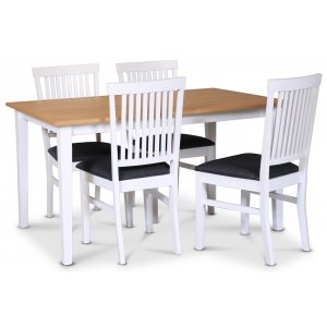 Fr spisegruppe; spisebord 140x90 cm - Hvit / oljet eik med 4 Fr spisestoler med ribber i ryggen, sete i grtt stoff